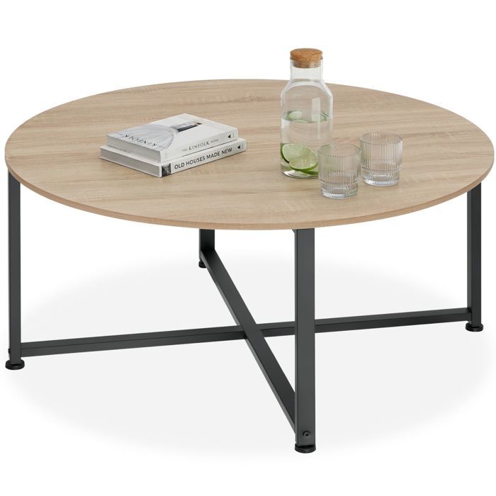 Table basse - TECTAKE - Table de salon ronde ABERDEEN au style industriel en bois et acier Ø 885 x 47 cm - Bois clair