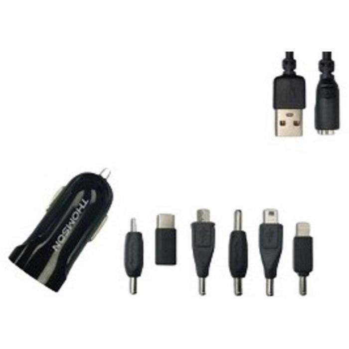 Kit chargeur de voiture Thomson 12/24V 2A avec 6 connecteurs:Compatible MINI USB–MICRO USB– NOKIA 6110 –NOKIA MINI-USB-C- LIGHTNING
