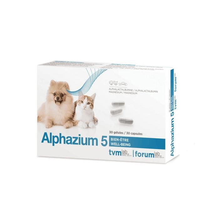 Complément alimentaire anti-stress - TVM - Alphazium 5 - 30 gélules - Chiens Chats & NACs - Aide en cas de stress comportemental