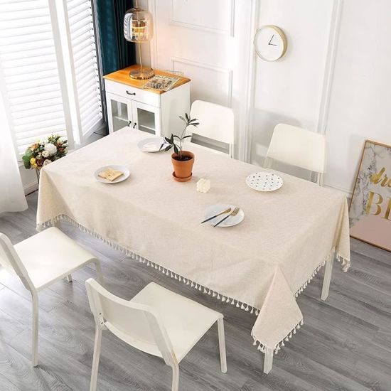 SUCHDECO Nappe Rectangulaire Anti Tache En Cotton Lin Beige, Nappe De Table Linge De Table Lavable Avec Franges, Nappes Pour Table à Manger Cuisine, 140 X 100 Cm