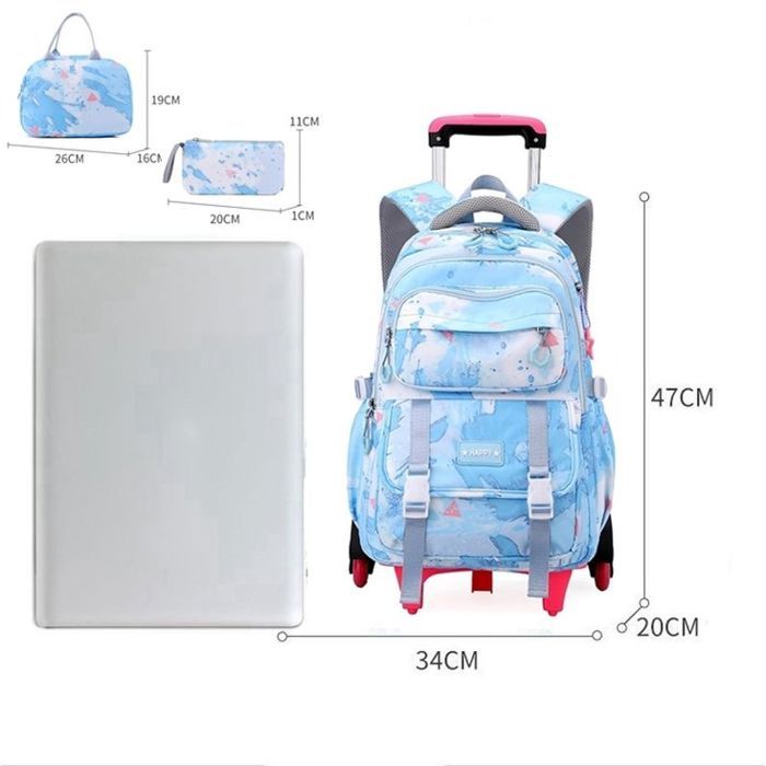 Cartable Scolaire à Roulettes Fille 32x18x45cm - Sac à Dos Trolley Bleu Primaire - Pour Écolière CE