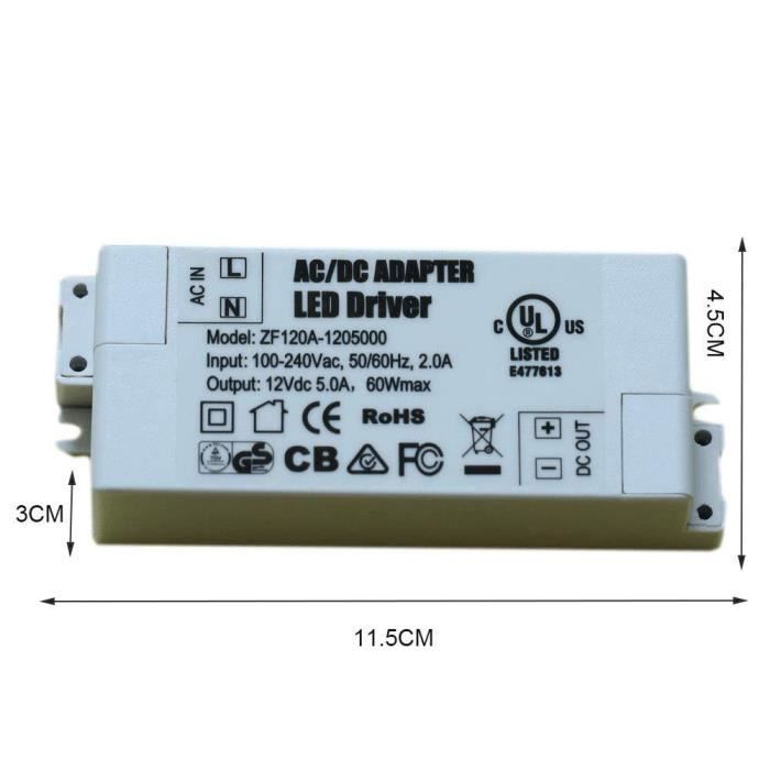 Tension constante pour lampes /à LED et ampoules LED G4 5 A Transformateur dalimentation LED Adogo blanc 60W MR11 12 V CC MR16 60 W