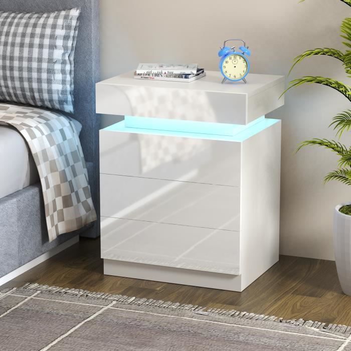 Table de chevet LED MOYA avec 3 tiroirs blanche