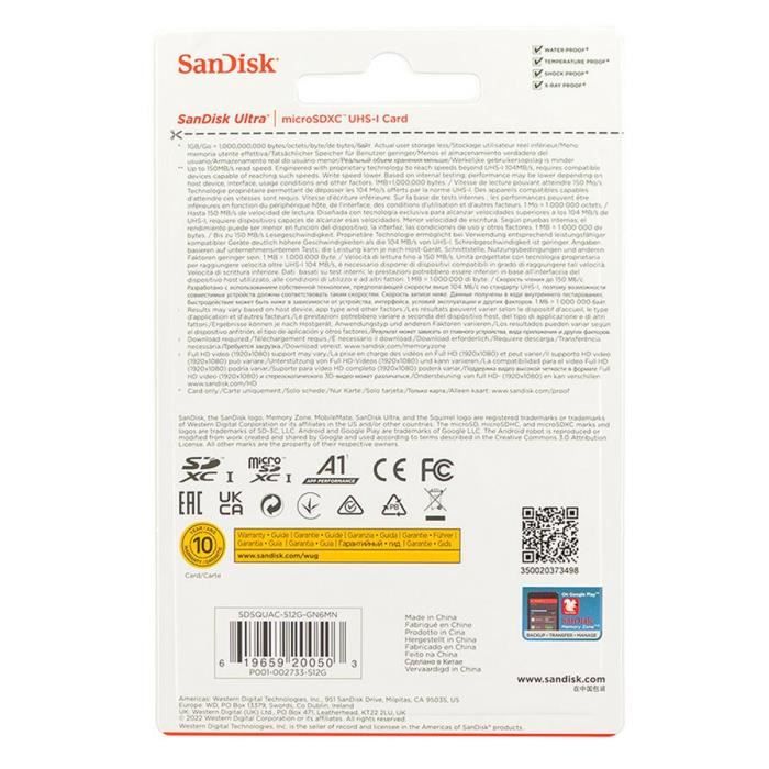 SANDISK Carte mémoire microSDXC Ultra A1 512 GB avec adaptateur SD