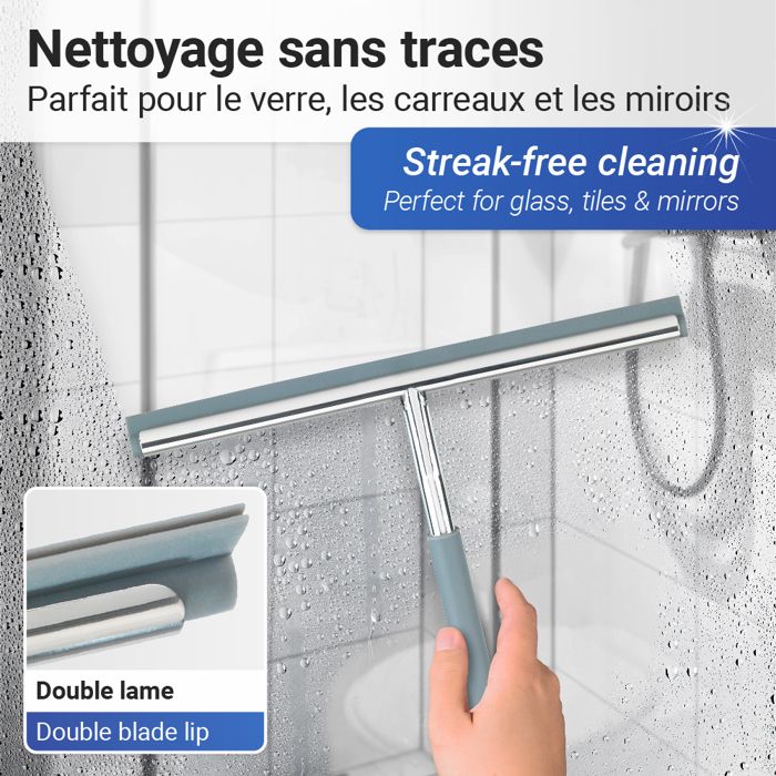 Raclette Douche Acier Inoxydable - Raclette Vitres Avec Support Mural Sans Percer + Lèvre De Rechange, Gris