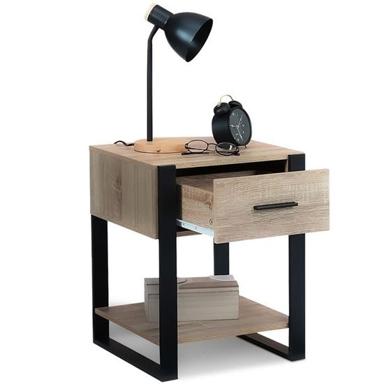 Lot De 2 Tables De Chevet Murales ONYX - 1 Tiroir, Style Bois Et Noir, Dimensions 40x30x18 Cm