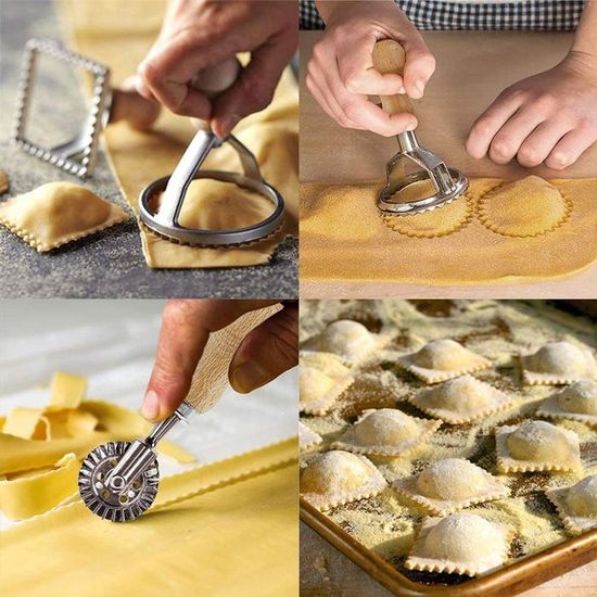 Set Emporte-pièces Ravioli - 3 Pièces (rond 6.4 Cm, Carré 7 Cm, Roulette) - Bois Et Acier Inoxydable