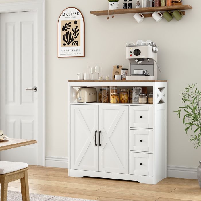 Buffet De Cuisine 3 Portes 2 Tiroirs - 110x40x78 Cm, étagère Réglable, Multicouleur