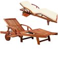 Chaise longue Tami Sun en bois d'acacia Transat pliable avec coussin crème roues dossier repose pieds réglable-0