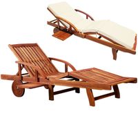 Chaise longue Tami Sun en bois d'acacia Transat pliable avec coussin crème roues dossier repose pieds réglable