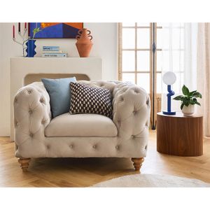 Ensemble Canapé et Fauteuil en Tissu Beige Dossier à Points Diamant Chesterfield