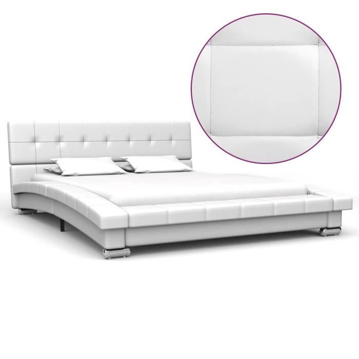 Cadre De Lit Similicuir :Double 140*200 Cm - Lit Design Blanc - Moderne&Capitonné - Sommier à Lattes Inclus