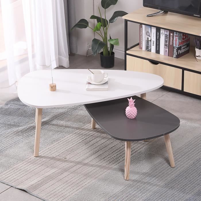 Table basse ovale 2pcs scandinave blanc et gris laqué 98*61* 39cm & 88 * 48*32.5cm