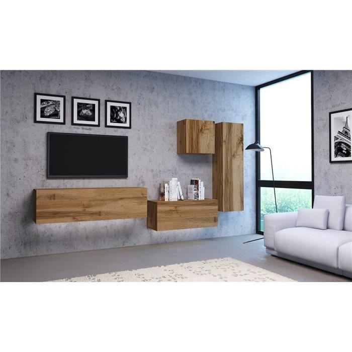 VIVIO - Ensemble meubles TV à suspendre - 4 pcs - Mur TV avec rangements salon/séjour - Unité murale moderne - Aspect bois - Chêne