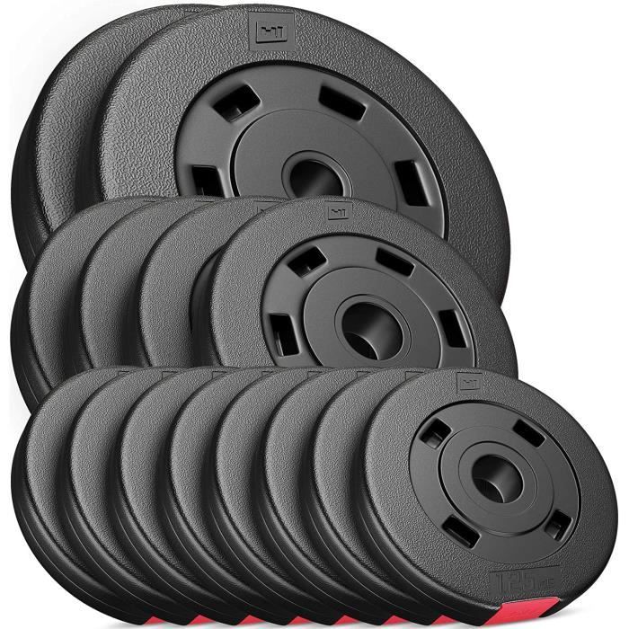 Hop-Sport Disques de Poids en Plastique 30 kg pour Barre d'haltères 30 mm (2x5kg + 4x2,5kg + 8x1,25kg)