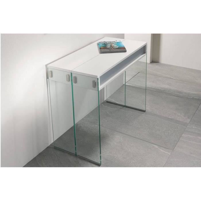 Table console extensible STEF chêne blanc piétement en verre largeur 90 cm blanc Verre Inside75