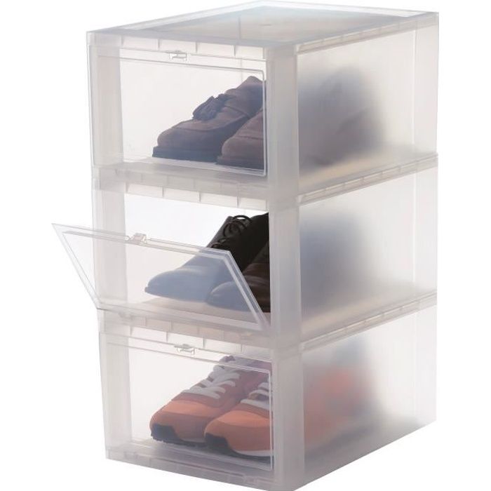 IRIS OHYAMA Lot de 3 boîtes de rangement pour chaussures Drop Front Box EUDF-M - Plastique - 14 L - 35,5 x 28 x 18 cm - Transparent