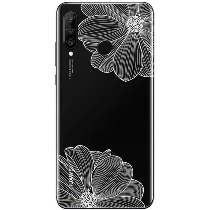 Coque Huawei P30 LITE - fantaisie , souple et gel résistant - Fleurs blanches