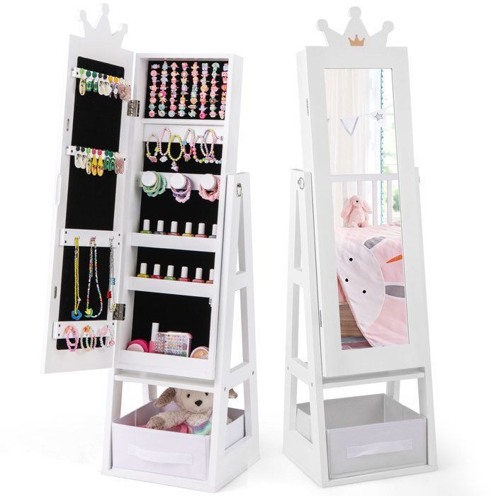 COSTWAY Armoire à Bijoux pour Enfants Miroir sur Pied avec Grande Capacité de Rangement Crochets Étagères et Tiroir Blanc