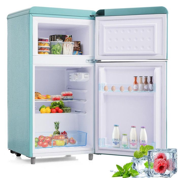Réfrigérateur Congelateur 72 Litres 51L+21L Réfrigérateur a 2 Porte 【Vérifiez les Dimensions】 Frigo avce Éclairage LED Bleu
