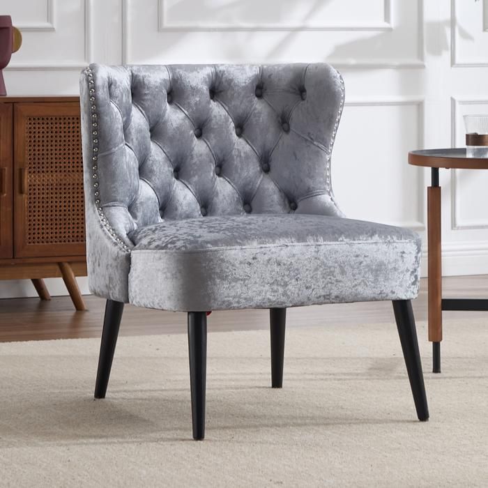chairus Fauteuil Velours avec Pieds Bois Chaise de Salon pour Chambre Fauteuil Crapaud avec Rivets et Boutons Décoratifs Gris
