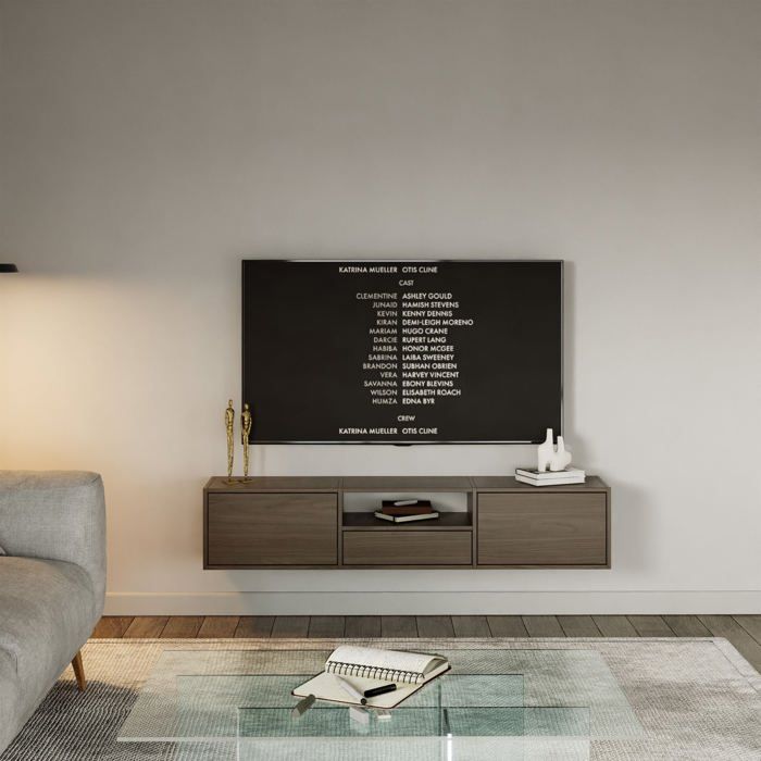 Meuble TV avec 3 abattants et une étagère – FRAMME – aspect noyer – 150 cm