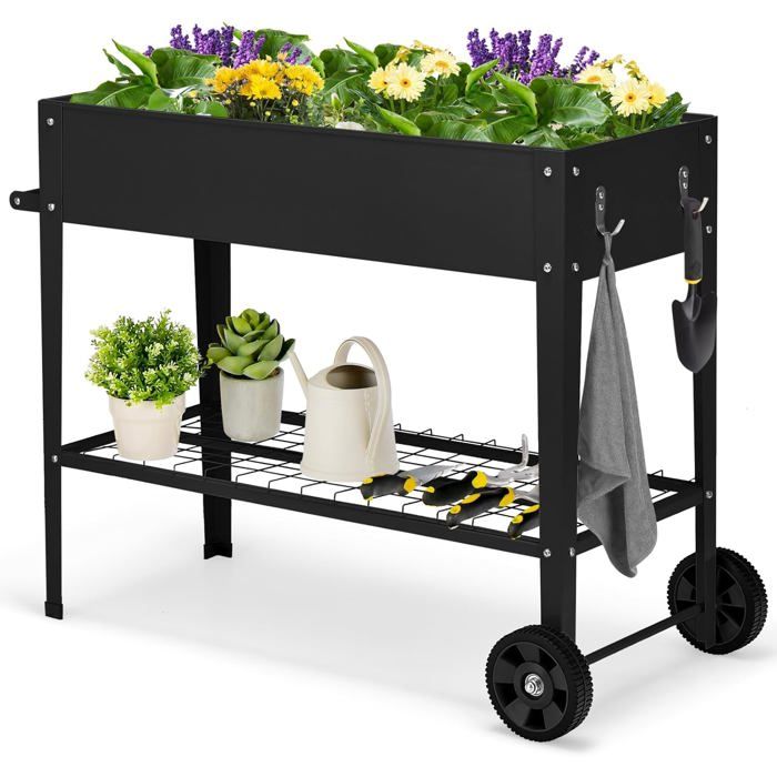 Jardinière Surélevée avec Pieds COSTWAY sur Roulettes Etagère de Rangement Crochets de Suspension Poignée Cadre en Métal Noir Jardinière Surélevée avec Pieds COSTWAY sur Roulettes Etagère de Rangement Crochets de Suspension Poignée Cadre en Métal Noir
