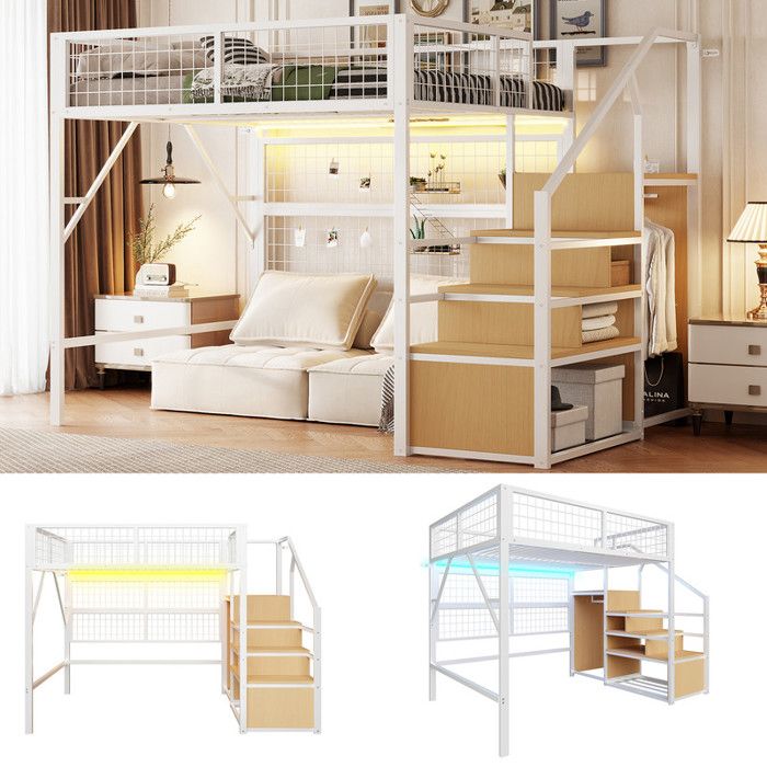 Lit Mezzanine 140x200CM - LED App Control - Escalier Rangement - Armoire Ouverte - Blanc