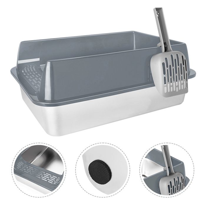 Meilleurs prix pour MIPAN.Bac À Litière En Acier Inoxydable Pour Chat 50cm - XXL -  Avec Pelle - Anti-Taches antirouille - 50x35x24cm - Gris