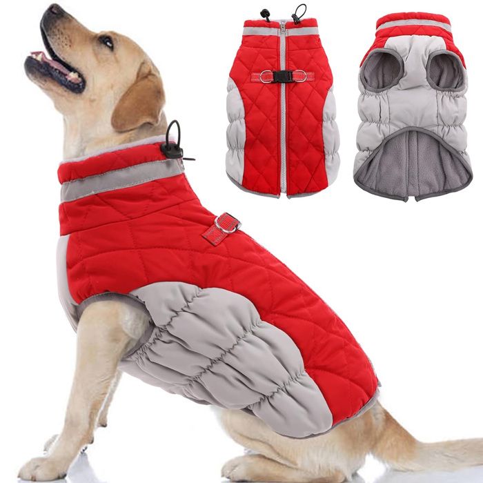 Meilleurs prix pour Manteau Hiver Chien Gilet Polaire Avec Harnais Intégré Combinaison Neige Froide Doudoune Coupe Vent Rouge Label