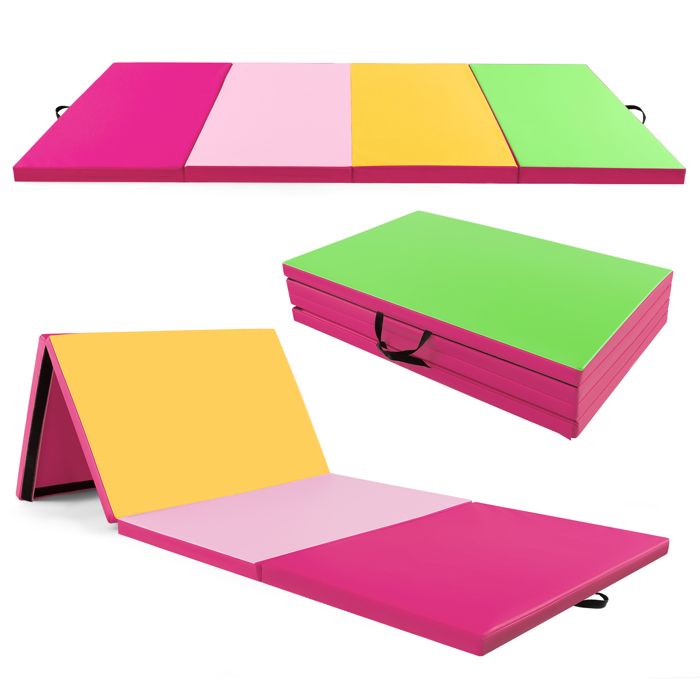 Tapis de Gymnastique Pliable COSTWAY-300 x 117 x 5CM à 4 Plis avec Poignées Matelas dEntrainement en Mousse et PU-Rose + Vert
