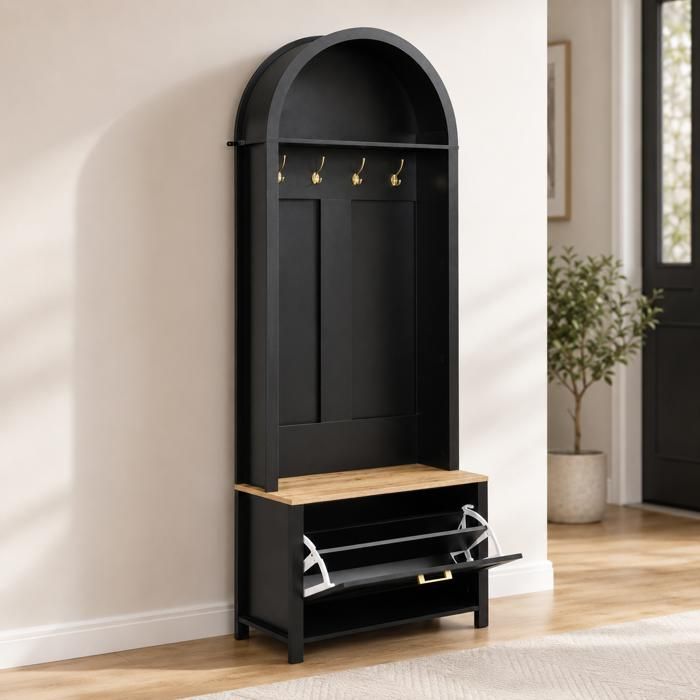 Vestiaire dEntrée 75x35x195 cm avec meuble a chaussures Meuble entree avec rangement et crochets MDF Noir