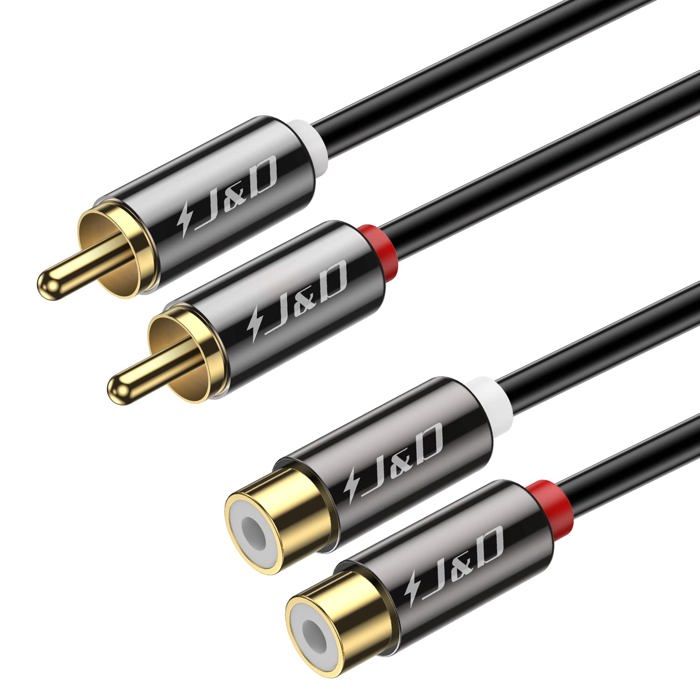 DeleyCON 2m Câble Rallonge RCA Cinch Stéréo Audio - 2x Prises Vers 2x Femelles, Connecteurs Dorés, Noir