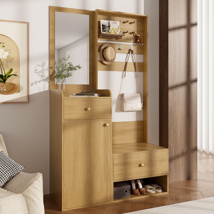 Portemanteau dEntrée Design Bois Élégant avec Miroir - Crochets Réglables et Casiers Spacieux pour Chaussures et Vêtements