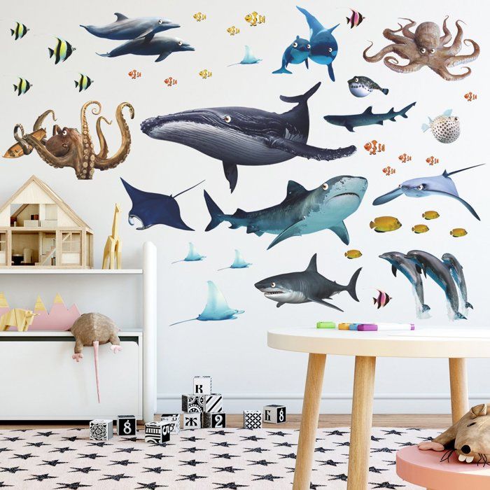 Sticker mural Aquarium Poissons - 68 x 93 cm - Réutilisable/Repositionnable - Chambre denfant - Garçons - Filles -
