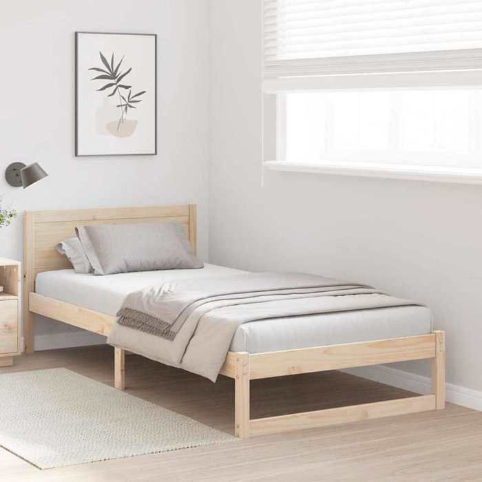 Structure de lit en pin massif - UU - 90x190 cm - Naturel - Pin massif - Cadre à lattes - Tête de lit incluse