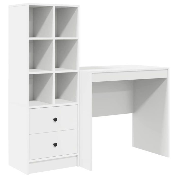 Bureau moderne en bois dingénierie - vidaXL - Blanc - 145.5x50x127 cm - 2 tiroirs - Étagères intégrées