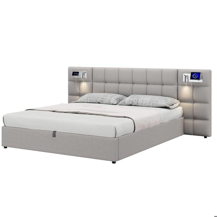 MODENUIT Lit coffre 180x200 cm avec rangement hydraulique port USB et sans fil lampe intégrée lin gris (Sans matelas)