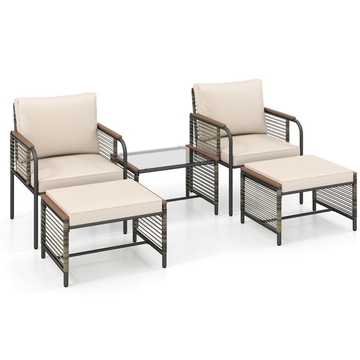 GIANTEX Salon de Jardin 5 Pièces en Rotin avec 1 Table Basse en Verre Trempé 2 Chaises 2 Ottomanes et Coussins Beige