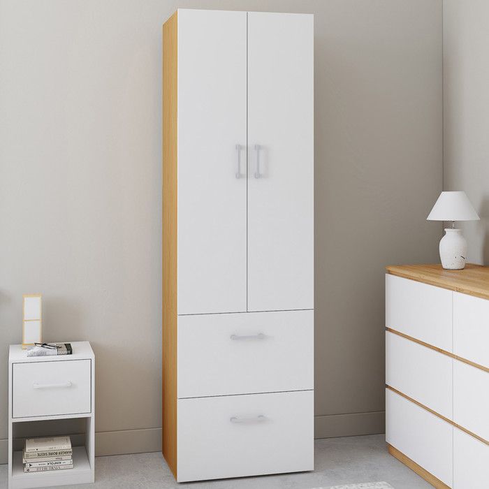 IDMARKET Armoire 2 portes JULIANA blanc et bois penderie 50 cm avec 2 tiroirs IDMARKET Armoire 2 portes JULIANA blanc et bois penderie 50 cm avec 2 tiroirs
