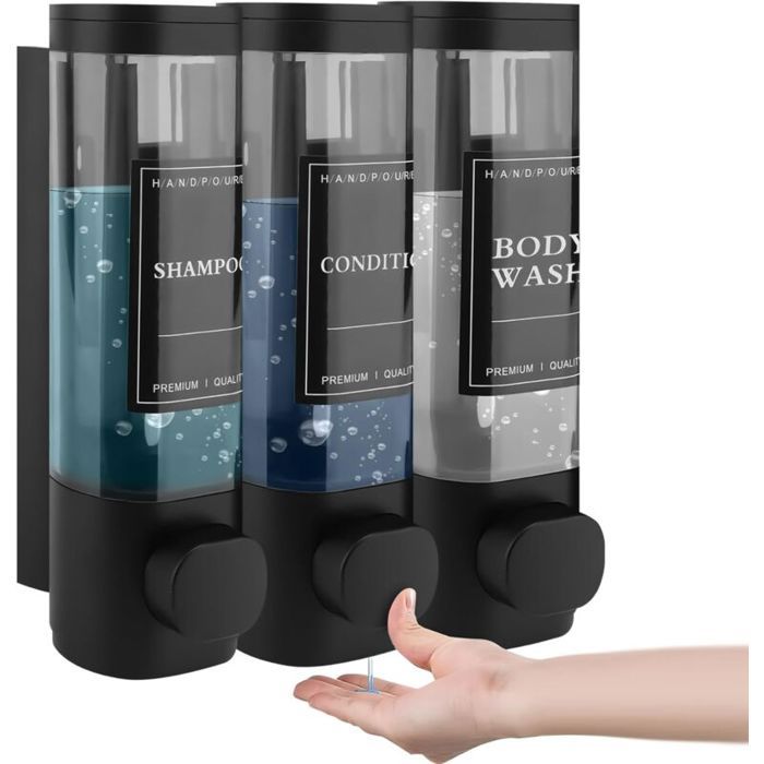 Lot de 3 distributeurs de savon fixation murale 300 ml sans perçage pour lavabo salle de bain gel douche shampoing lotion