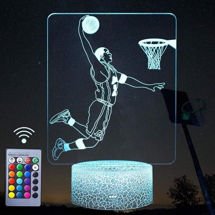 Veilleuse 3D joueur de basket-ball lampe LED décorative à illusion doptique avec télécommande et bouton intelligent 16 couleurs c