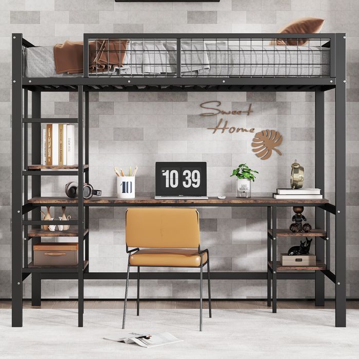 Lit superposé - KOMHTOM - Métal & bois - 90x200 cm - Avec bureau et étagères - Échelle 4 marches Lit superposé - KOMHTOM - Métal & bois - 90x200 cm - Avec bureau et étagères - Échelle 4 marches