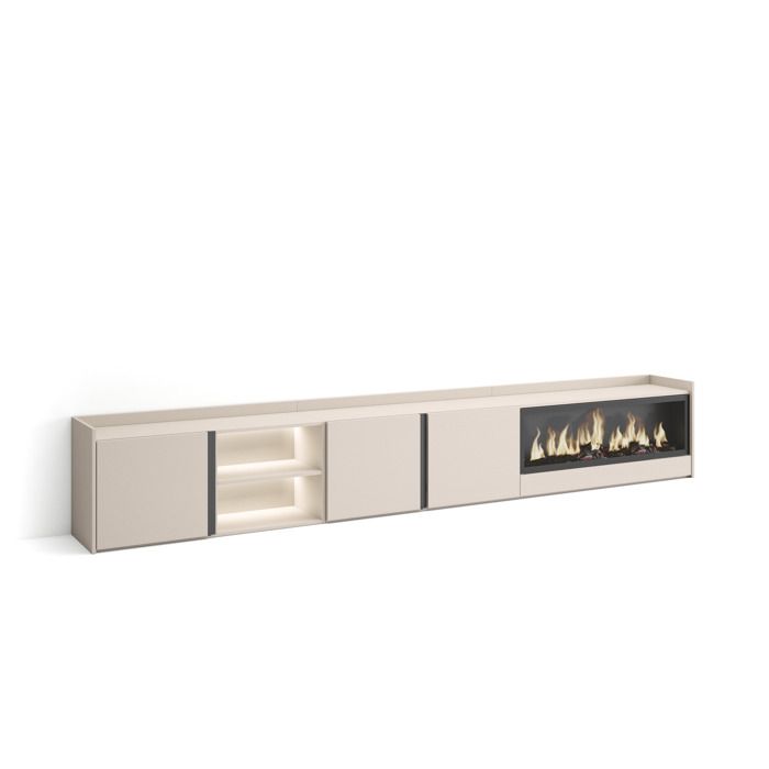 Meuble TV Banc Télé 315x35x50cm Pour les TV jusquà 80 Cheminée électrique XXL LED Beige RF4773