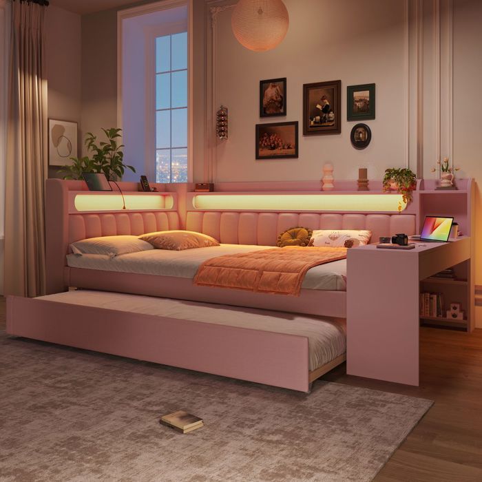 Lit enfant - SOGEU - Lit gigogne - 140 x 200 - Bureau intégré - Éclairage LED 7 couleurs & ports USB