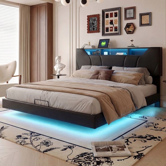 Lit coffre rembourré 140x200 cm lit flottant double adulte avec LED et port rechargeable tête de lit et sommier à lattes noir