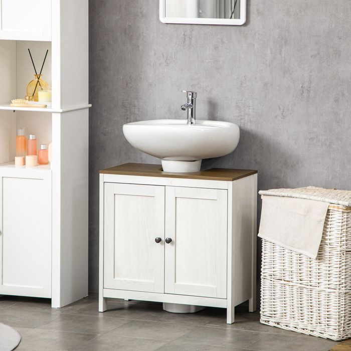 MOTHINESSTO1301-Meuble sous lavabo meuble de salle de bain 2 portes avec étagère 60 x 30 x 60 cm blanc et aspect bois