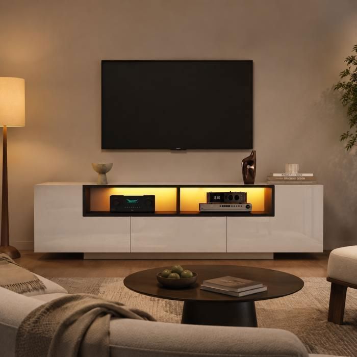 Meuble TV Moderne 180 cm Blanc Brillant et Noir avec LED Bluetooth 2 portes en L 2 tiroirs 1 niches pour TV 75