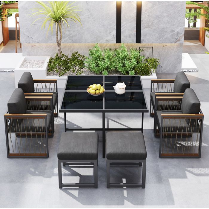 salon de jardin 6 personnes table carrée 117x117 cm en verre trempé métal noir et bois composite