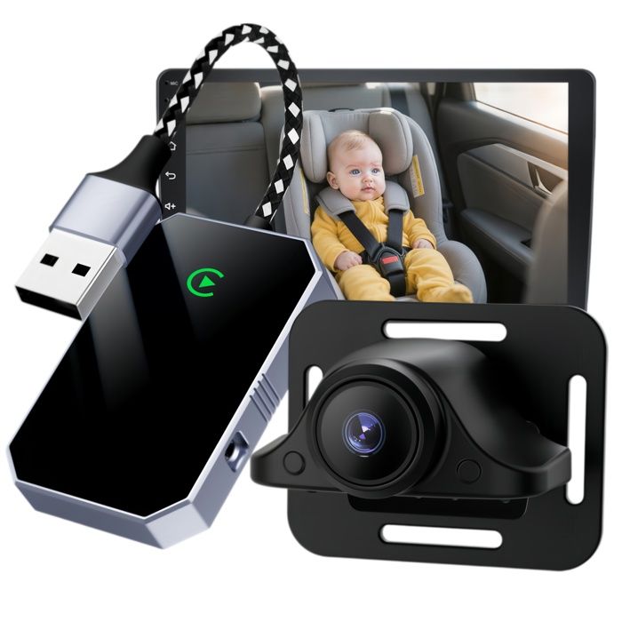 Caméra bébé voiture HD – Adaptateur CarPlay filaire vers sans fil – Vision nuit 1080P – Angle 150° – Noir